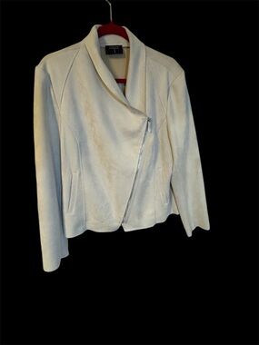 Tahari Cream Asymmetrical Zip Leather Jacket